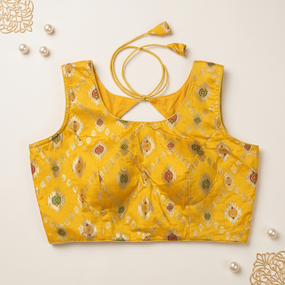 G yellow Floral Jacquard Brocade Saree Blouse