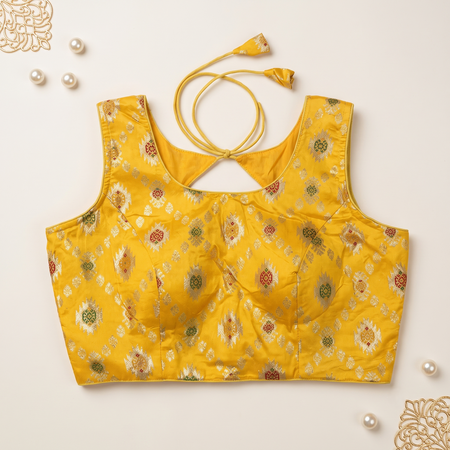 G yellow Floral Jacquard Brocade Saree Blouse