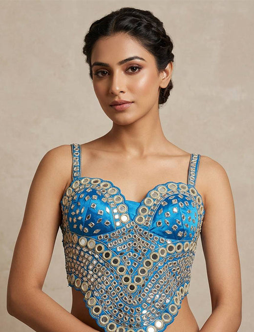 Sky Blue Mirror Work Designer Corset Blouse
