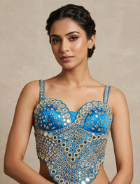Sky Blue Mirror Work Designer Corset Blouse