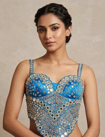 Sky Blue Mirror Work Designer Corset Blouse