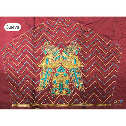 Dark Brick  Silk Blouse Piece With Aari Work