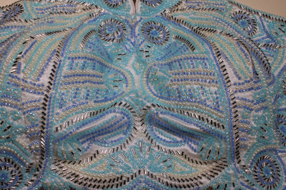 Aqua Sky Blue Scalloped Wing Collar Blouse with Intricate Hand-Embellished Beadwork