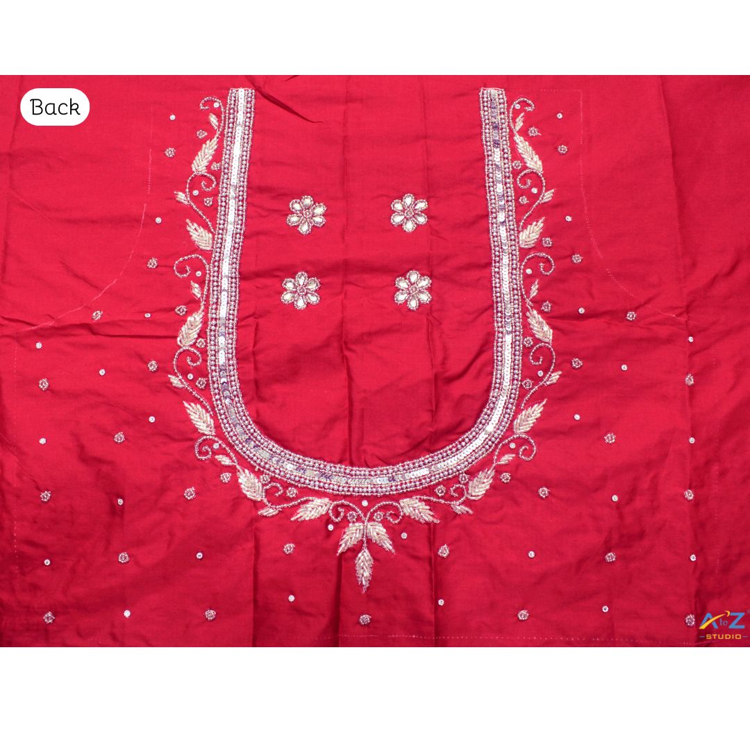 Dark Red Silk Blouse Piece With Aari Work (Silver Work)