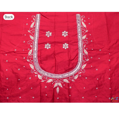 Dark Red Silk Blouse Piece With Aari Work (Silver Work)