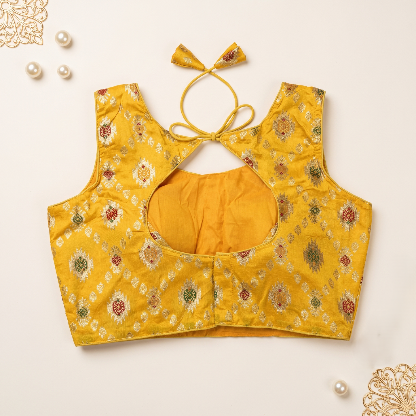 G yellow Floral Jacquard Brocade Saree Blouse