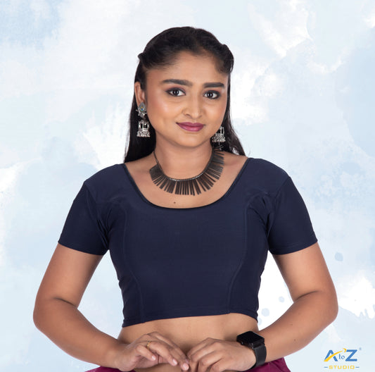 Navy Blue Polyester Lycra Plain Short Sleeves