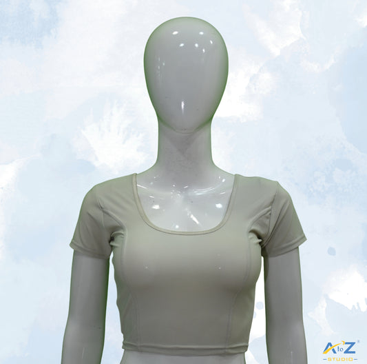 Off White Polyester Lycra Plain Short Sleeves