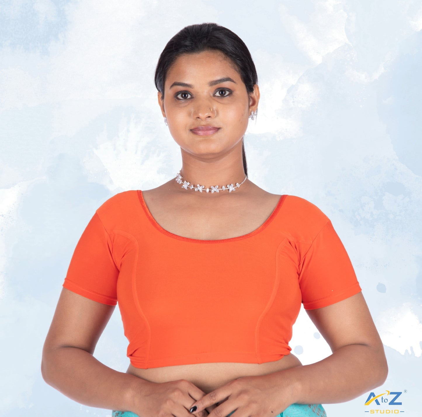 Orange Polyester Lycra Plain Short Sleeves