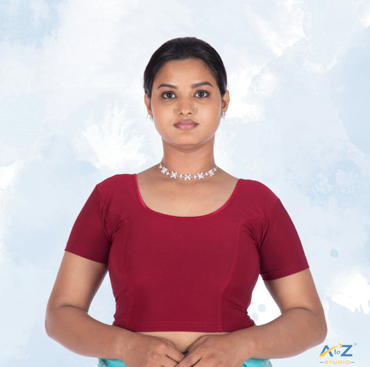 Reddish Maroon Polyester Lycra Plain Short Sleeves