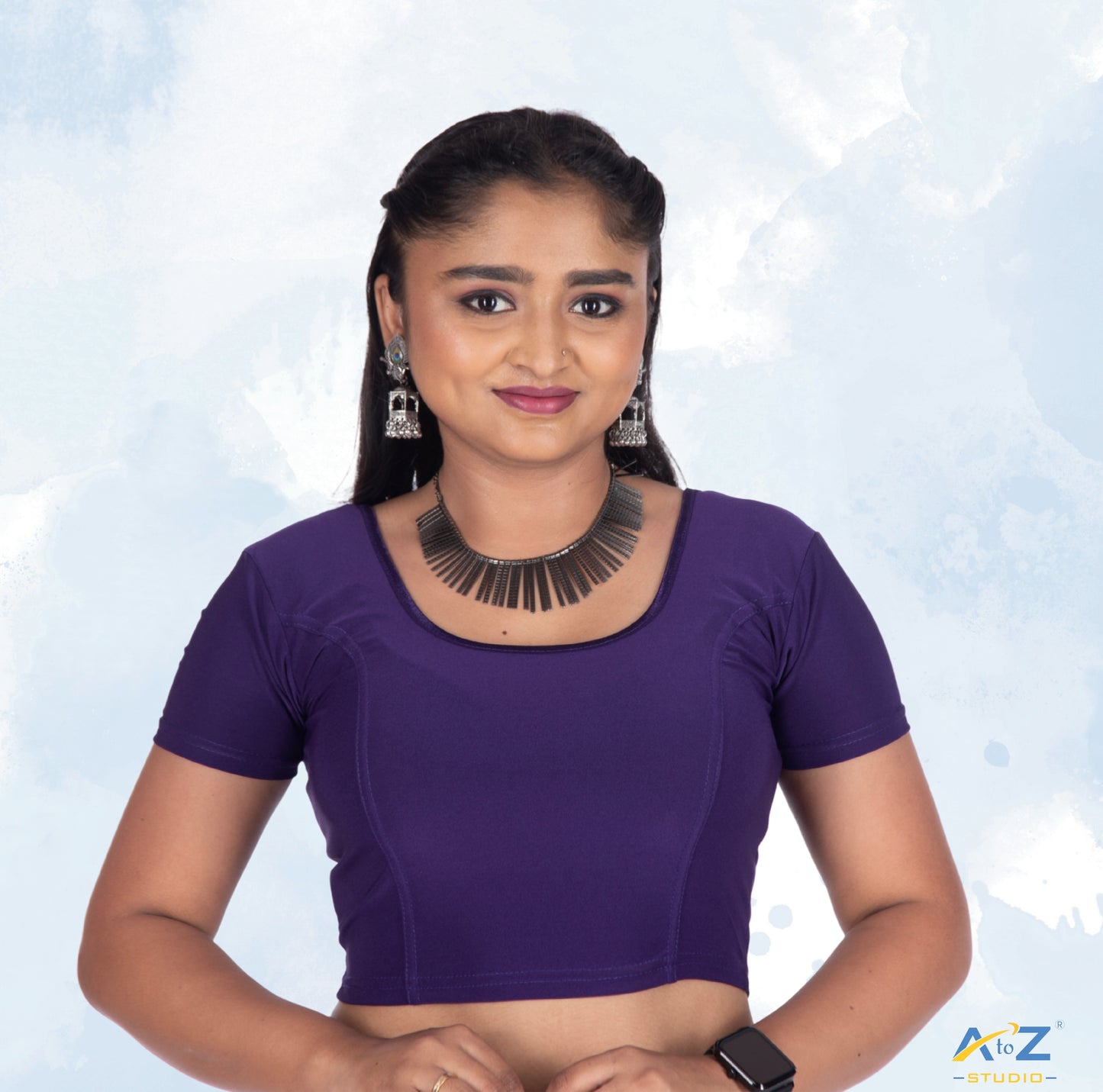 Purple Polyester Lycra Plain Short Sleeves