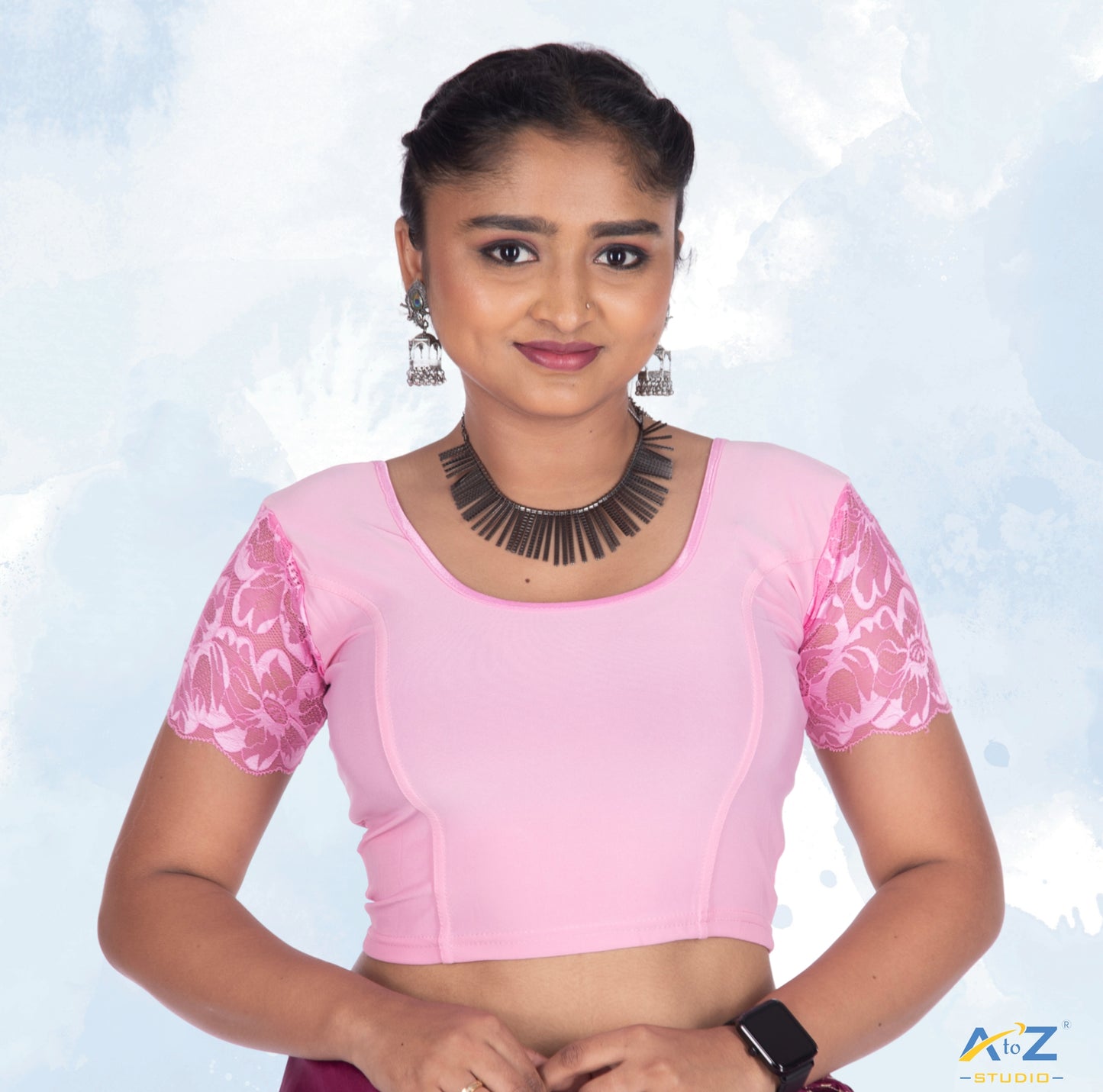 Baby Pink Polyester Lycra Net Short Sleeves