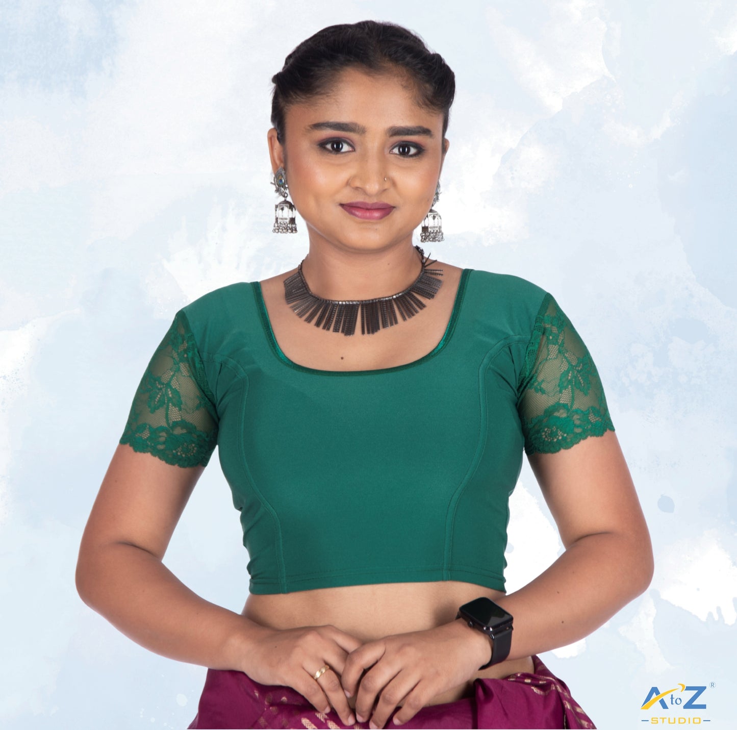 Basil Green Polyester Lycra Net Short Sleeves