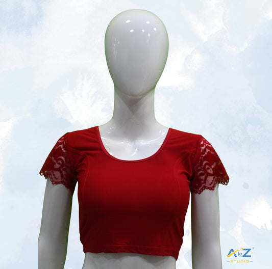 Blood Red Polyester Lycra Net Short Sleeves