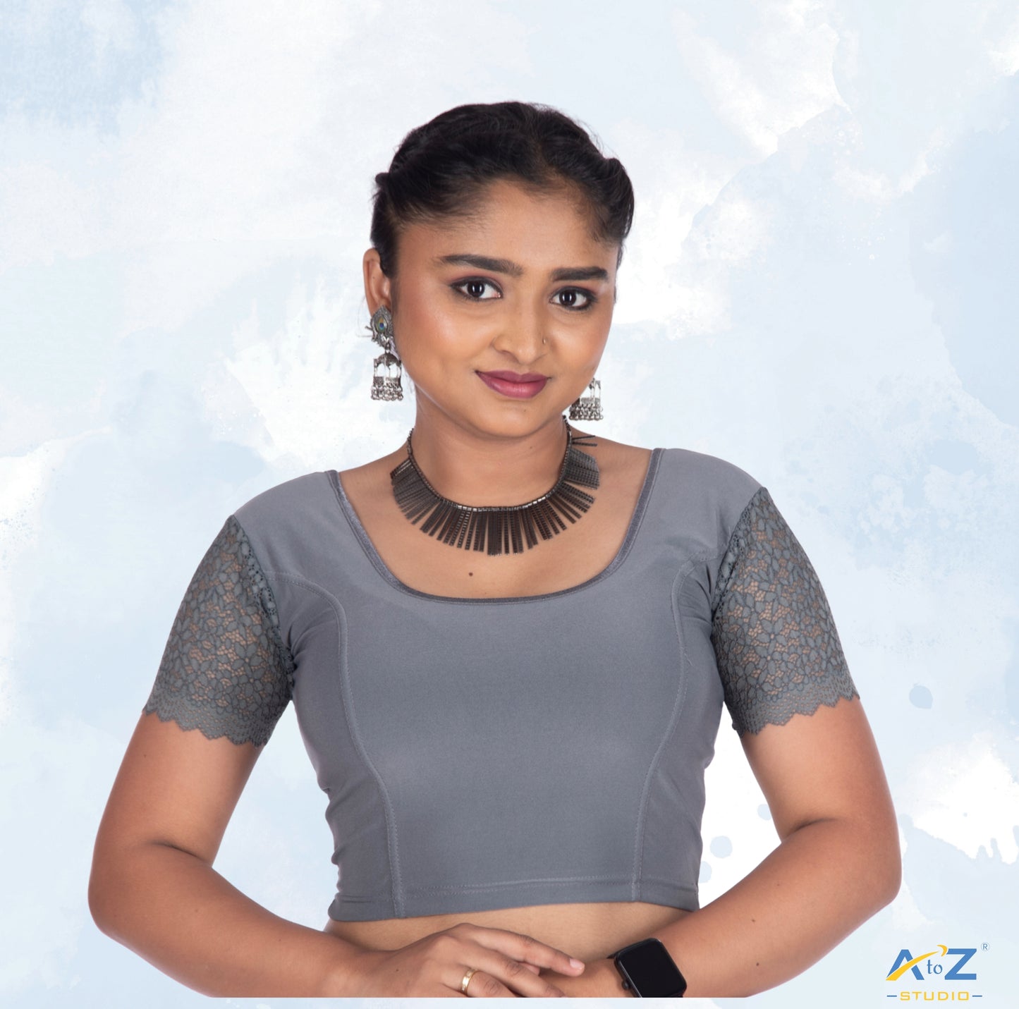 Grey Polyester Lycra Net Short Sleeves