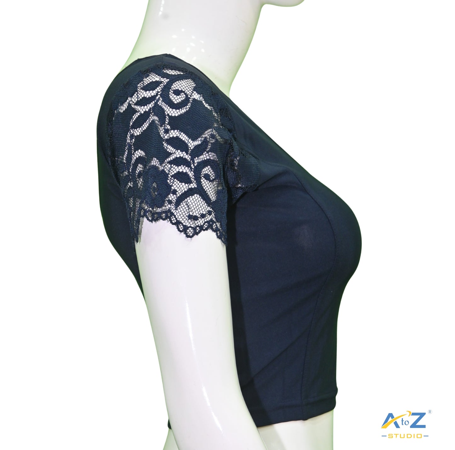 Navy Blue Polyester Lycra Net Short Sleeves