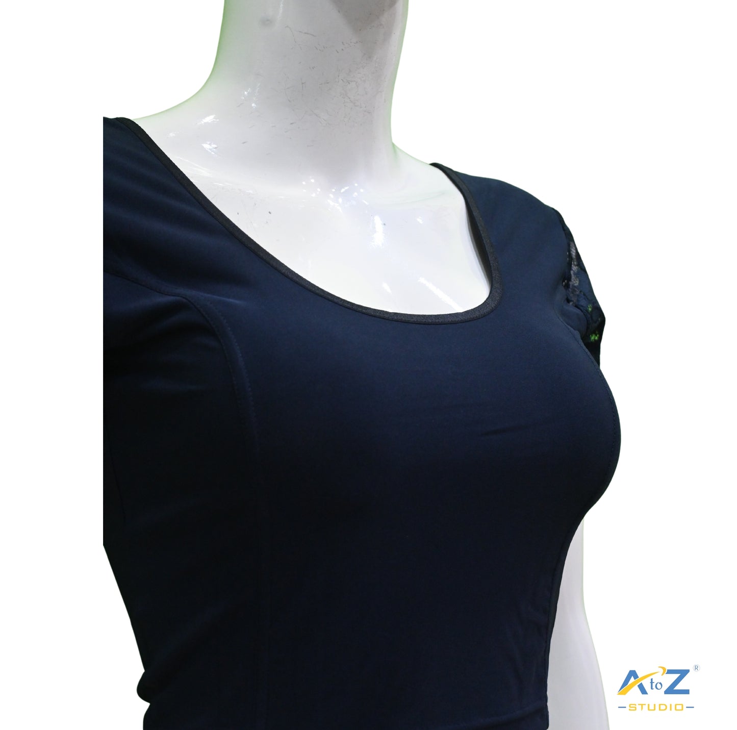 Navy Blue Polyester Lycra Net Short Sleeves