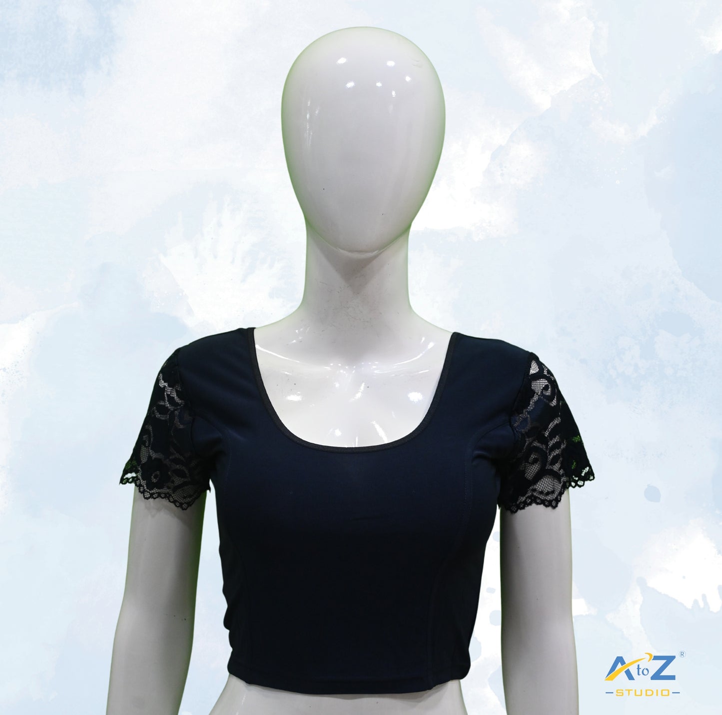 Navy Blue Polyester Lycra Net Short Sleeves