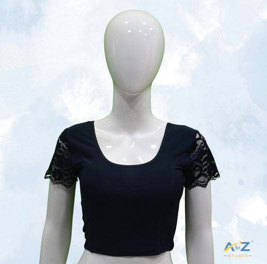 Navy Blue Polyester Lycra Net Short Sleeves