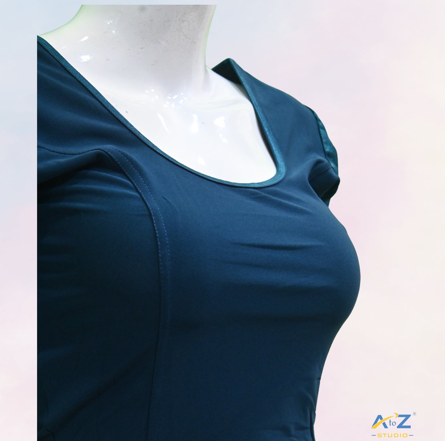 Peacock Blue Polyester Lycra Net Short Sleeves