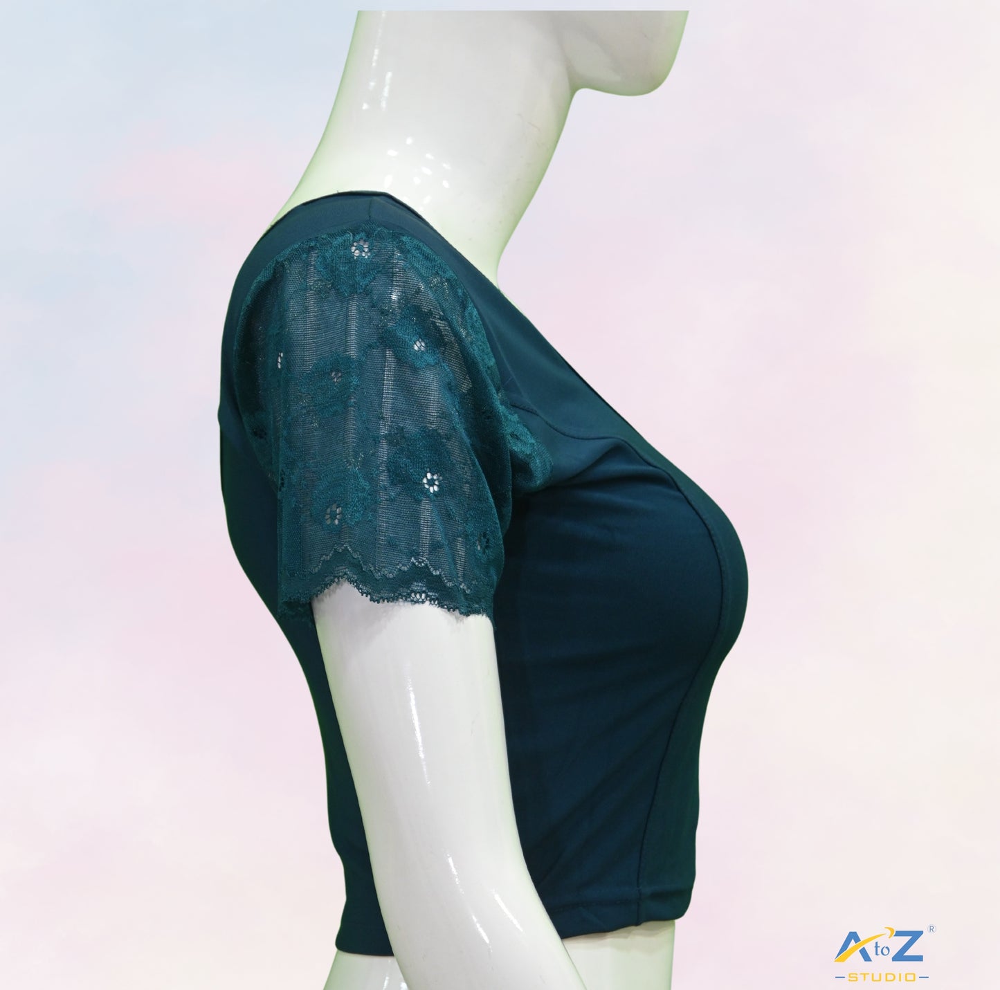 Peacock Blue Polyester Lycra Net Short Sleeves