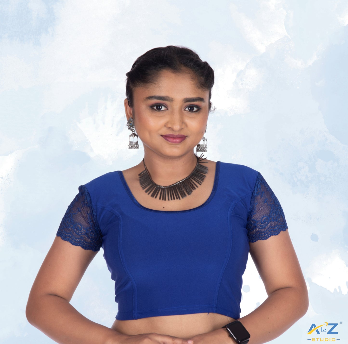 Royal Blue Polyester Lycra Net Short Sleeves