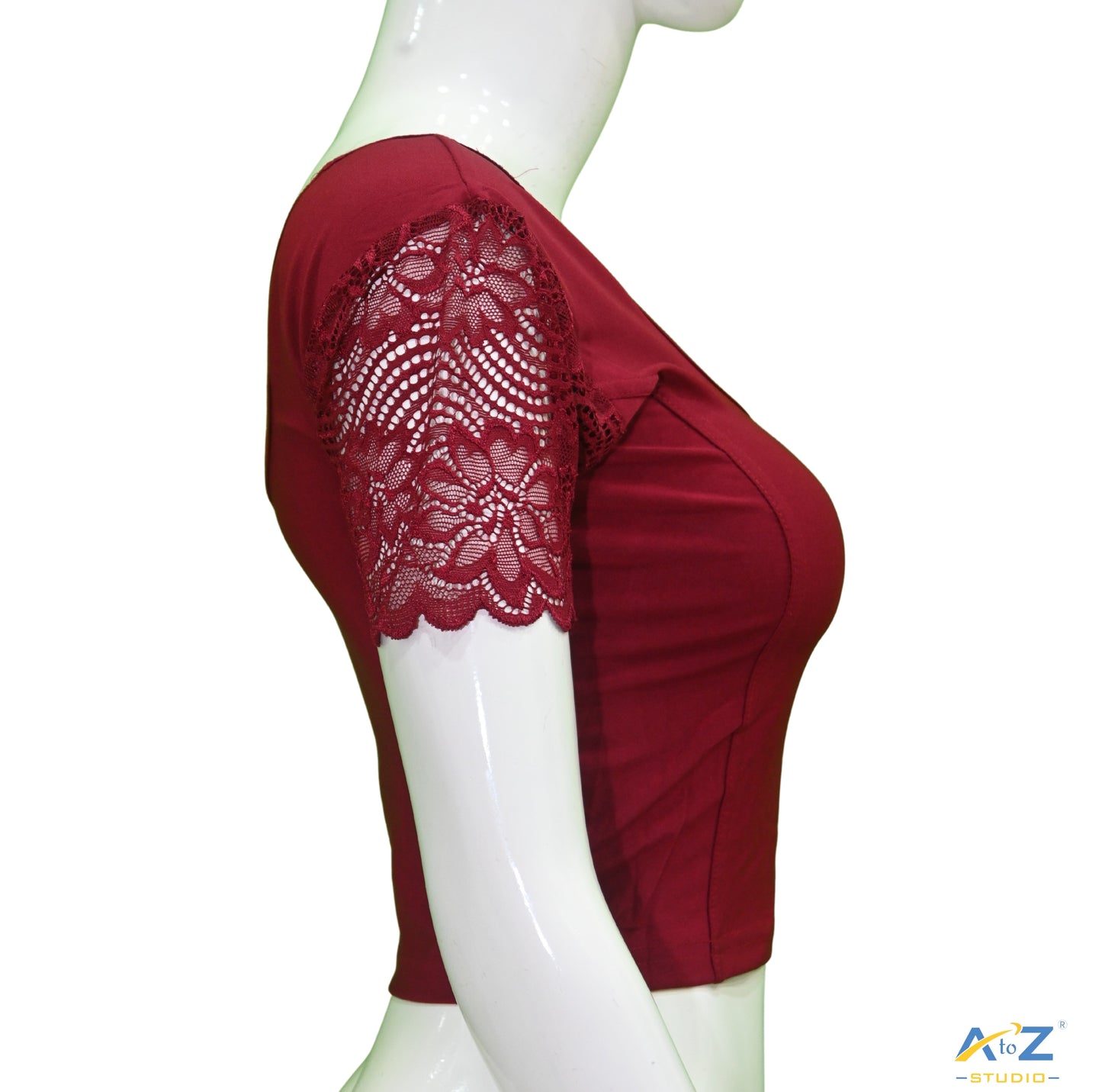 Reddish Maroon Polyester Lycra Net Short Sleeves