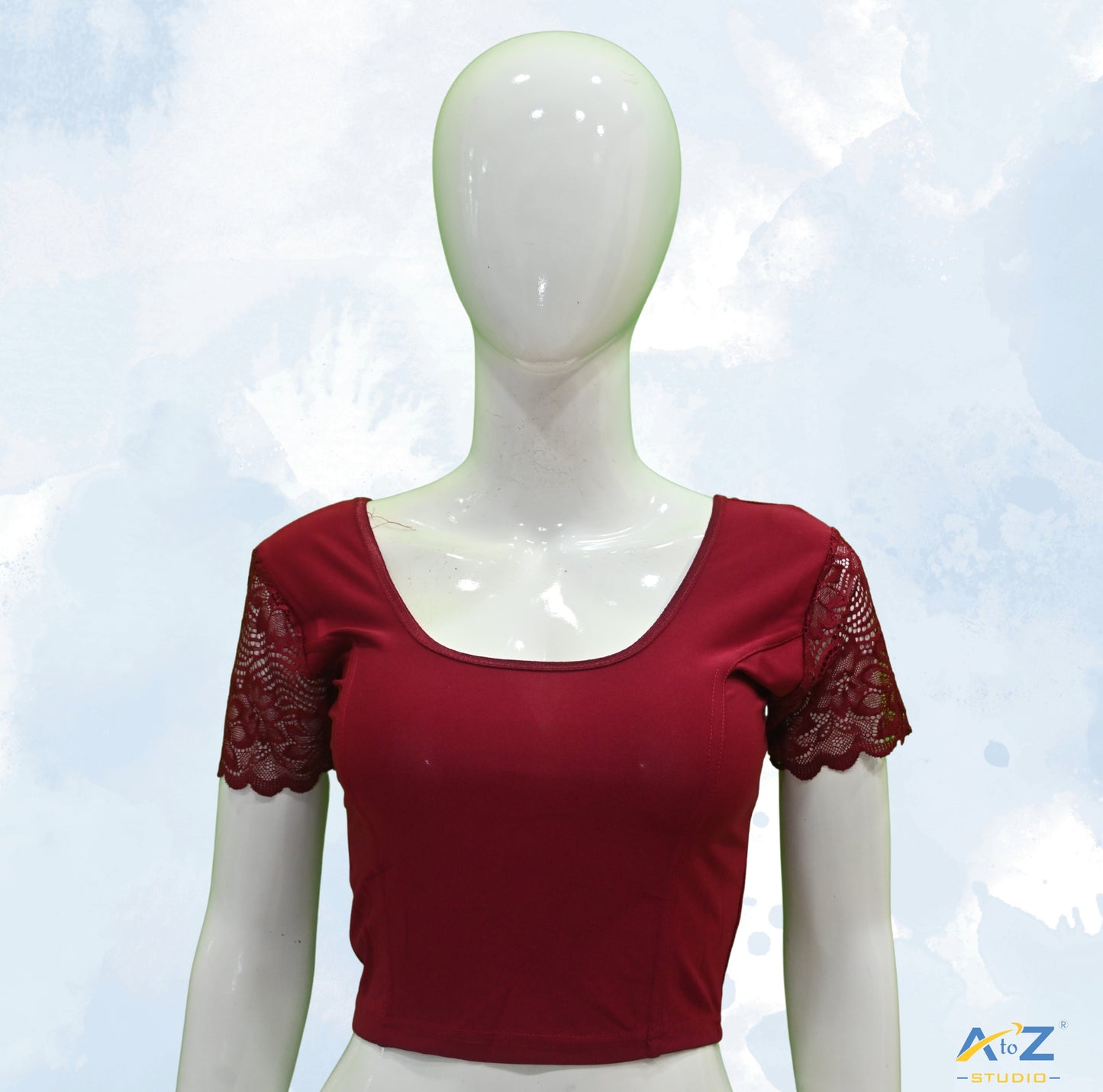 Reddish Maroon Polyester Lycra Net Short Sleeves