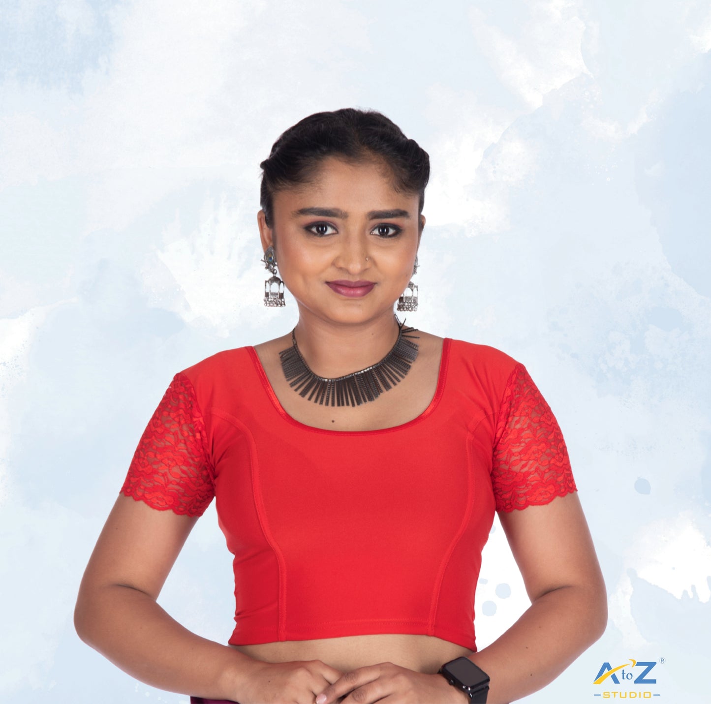 Red Polyester Lycra Net Short Sleeves