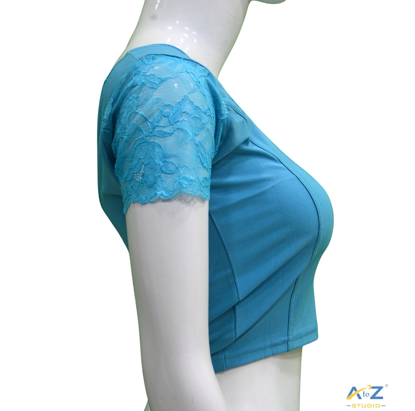 Sky Blue  Polyester Lycra Net Short Sleeves