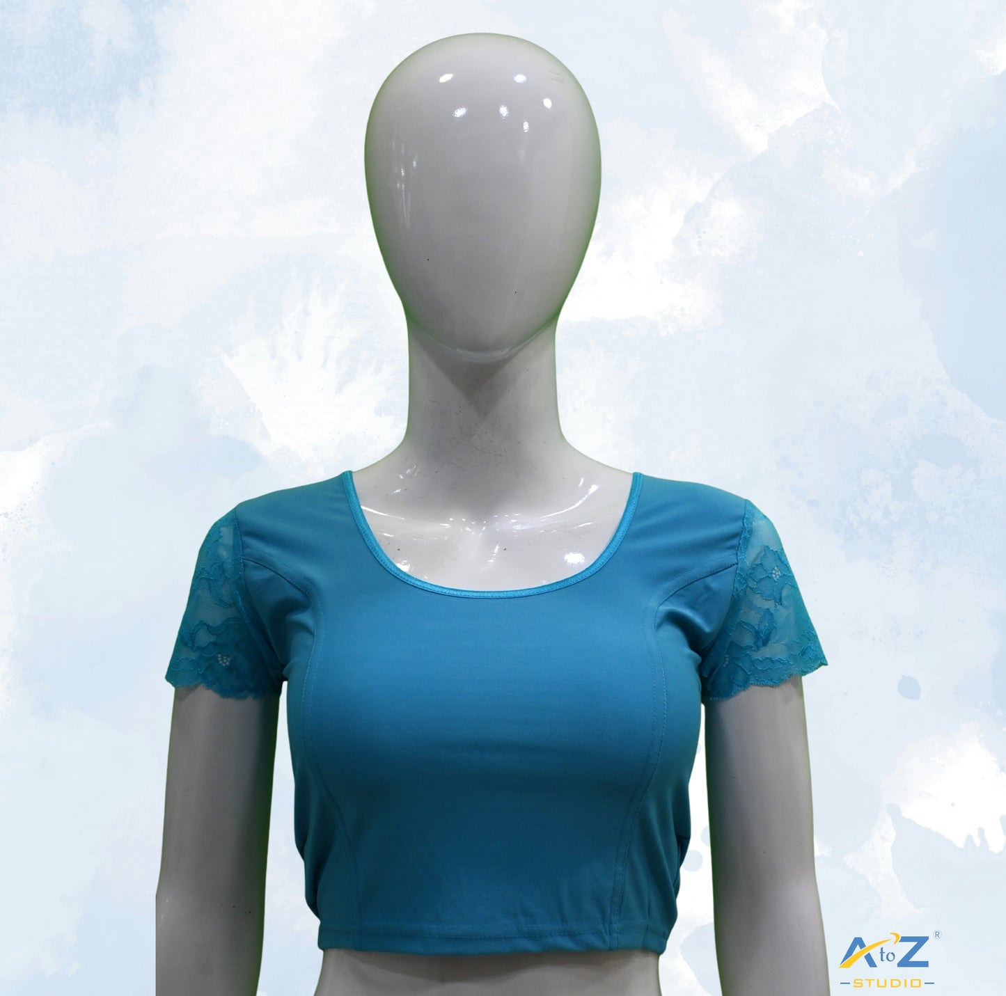Sky Blue  Polyester Lycra Net Short Sleeves
