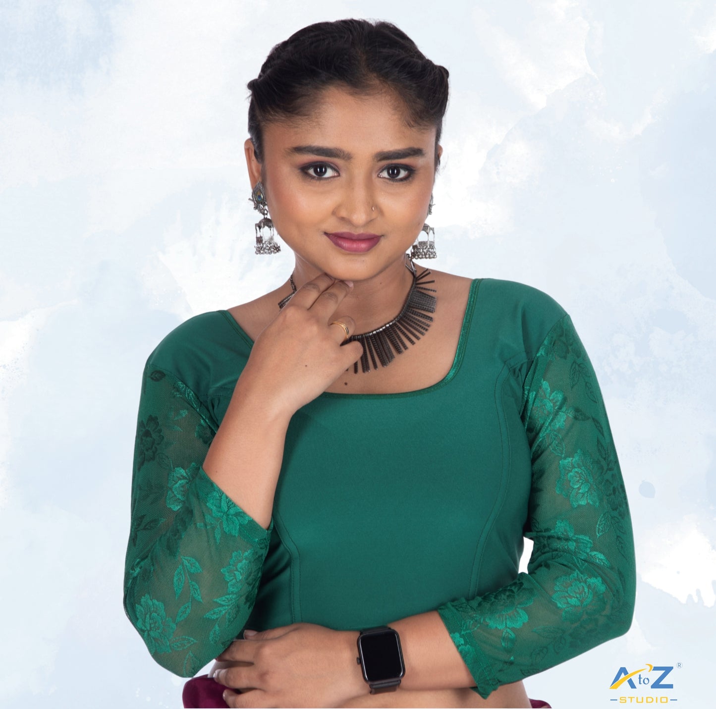 Basil Green Polyester Lycra Net Sleeve Flower Design