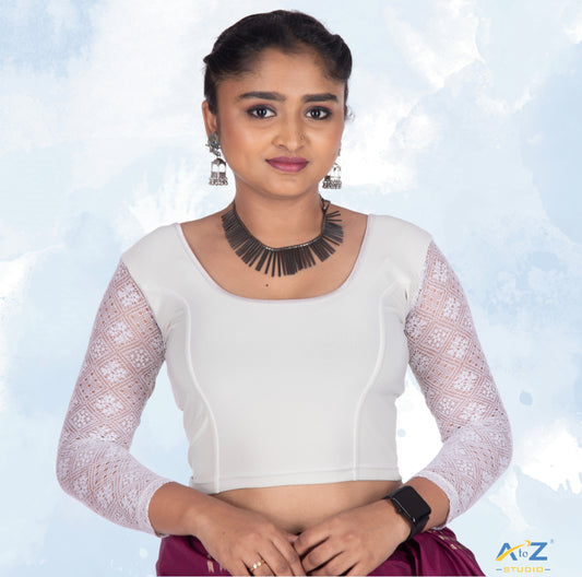 Cream Polyester Lycra Net Sleeve Flower Design