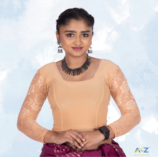 Dark Cream Polyester Lycra Net Sleeve Flower Design