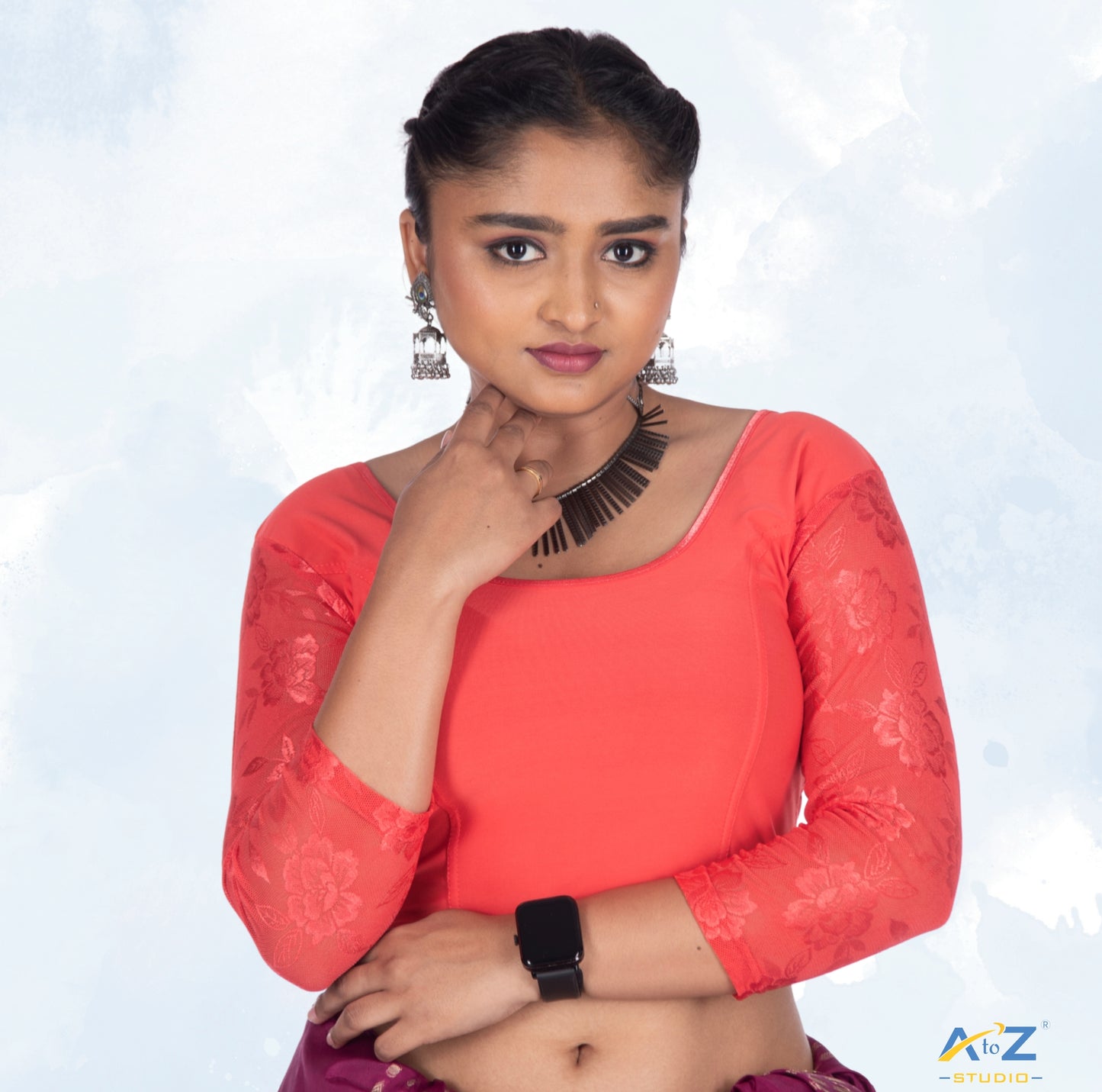 Dark Peach Polyester Lycra Net Sleeve Flower Design