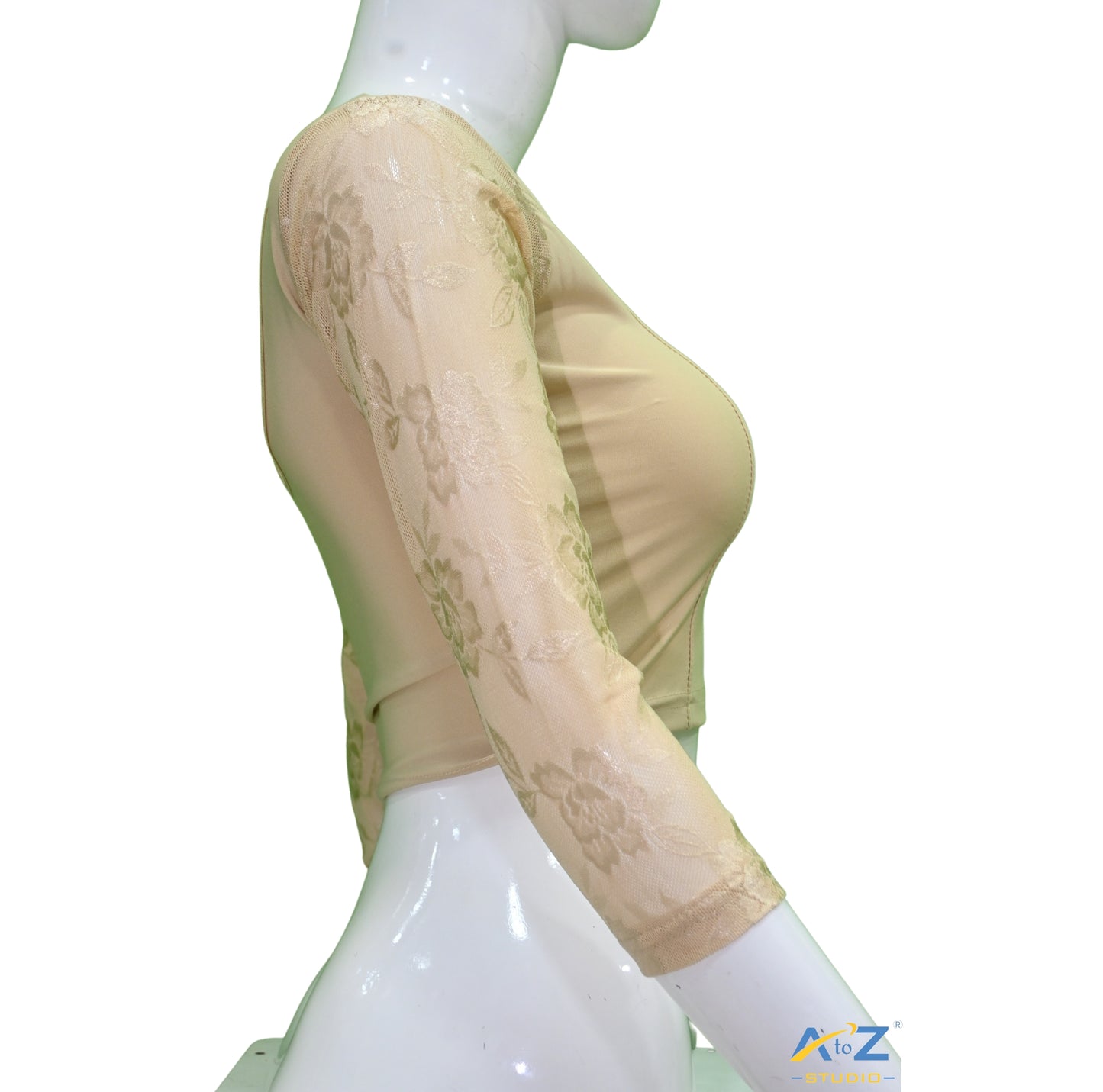 Light Cream Polyester Lycra Net Sleeve Flower Design