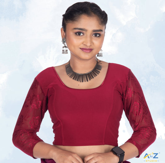 Maroon  Polyester Lycra Net Sleeve Flower Design