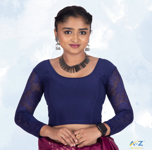 Navy Blue Polyester Lycra Net Sleeve Flower Design