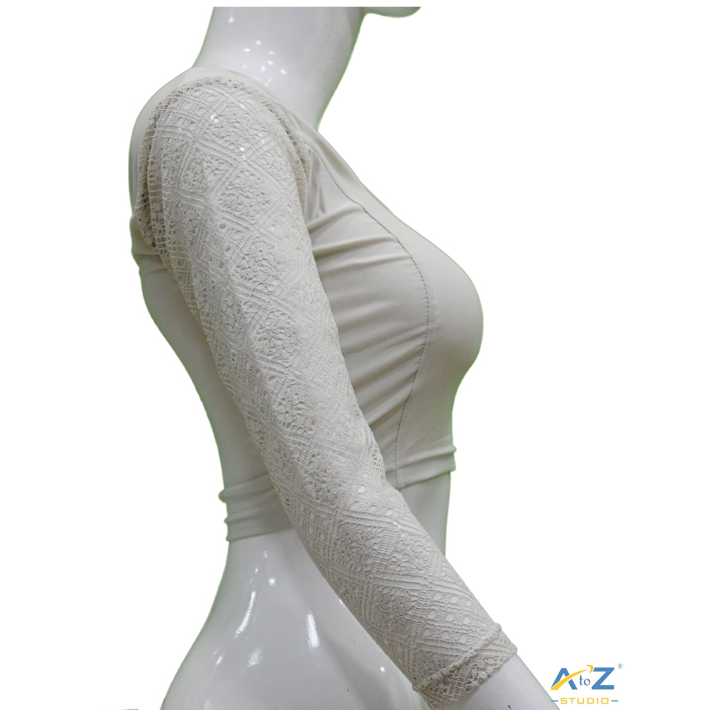 Off White Polyester Lycra Net Sleeve Flower Design