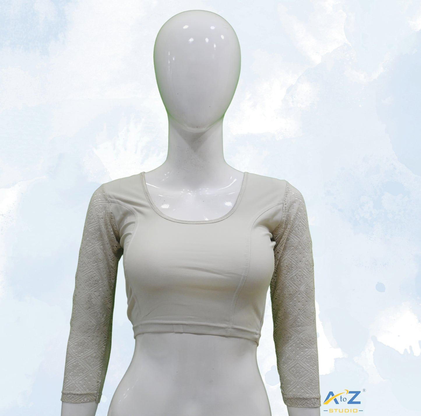 Off White Polyester Lycra Net Sleeve Flower Design