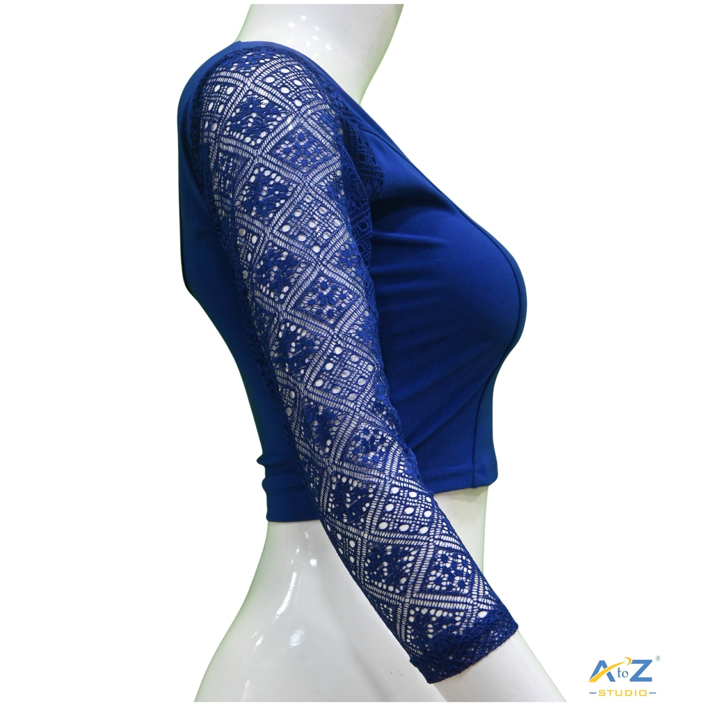 Royal Blue Polyester Lycra Net Sleeve Flower Design