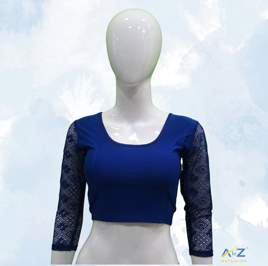 Royal Blue Polyester Lycra Net Sleeve Flower Design