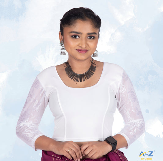 White Polyester Lycra Net Sleeve Flower Design