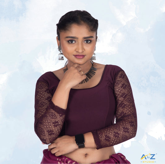 Wine  Polyester Lycra Net Sleeve Flower Design