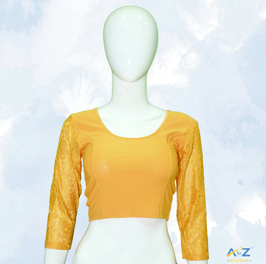 Yellow Polyester Lycra Net Sleeve Flower Design