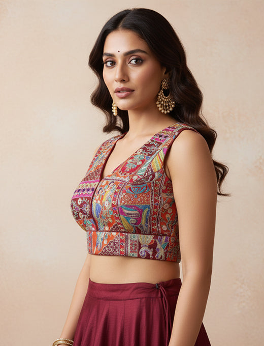 Vibrant Maroon Patchwork Blouse with Intricate Threadwork and Mirror Embellishments