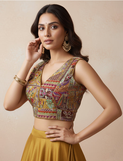 Mustard Multicolor Vintage Mirror Work Patchwork Blouse