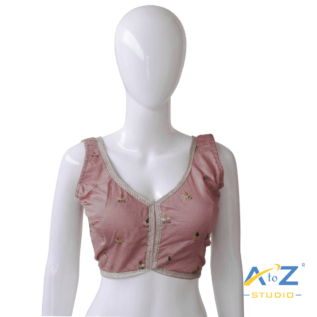 Frost Pink Embroidered Silk Blouse – V-Neck with Front Hook