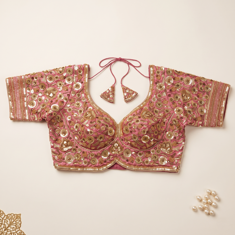 Onion Hand-Embroidered Sequin & Zardozi Sweetheart Blouse