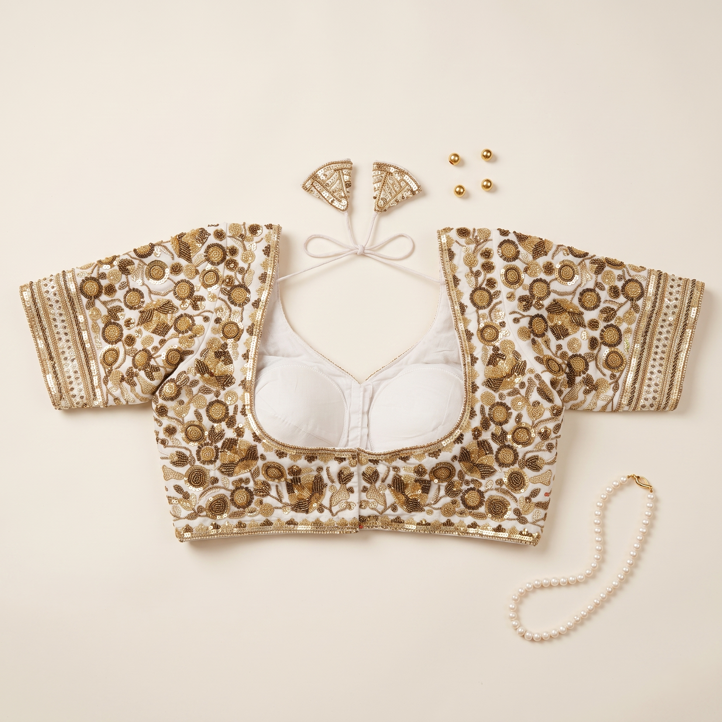 White Hand-Embroidered Sequin & Zardozi Sweetheart Blouse